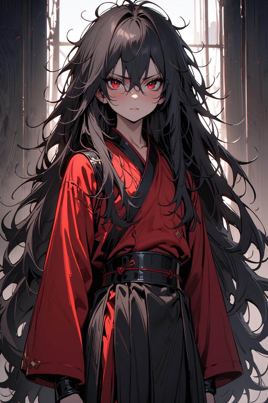 masterpiece, best quality, absurd, young, very long hair, black hair, messy hair, lion's mane hair, red eyes, short, martial clothing, alone,