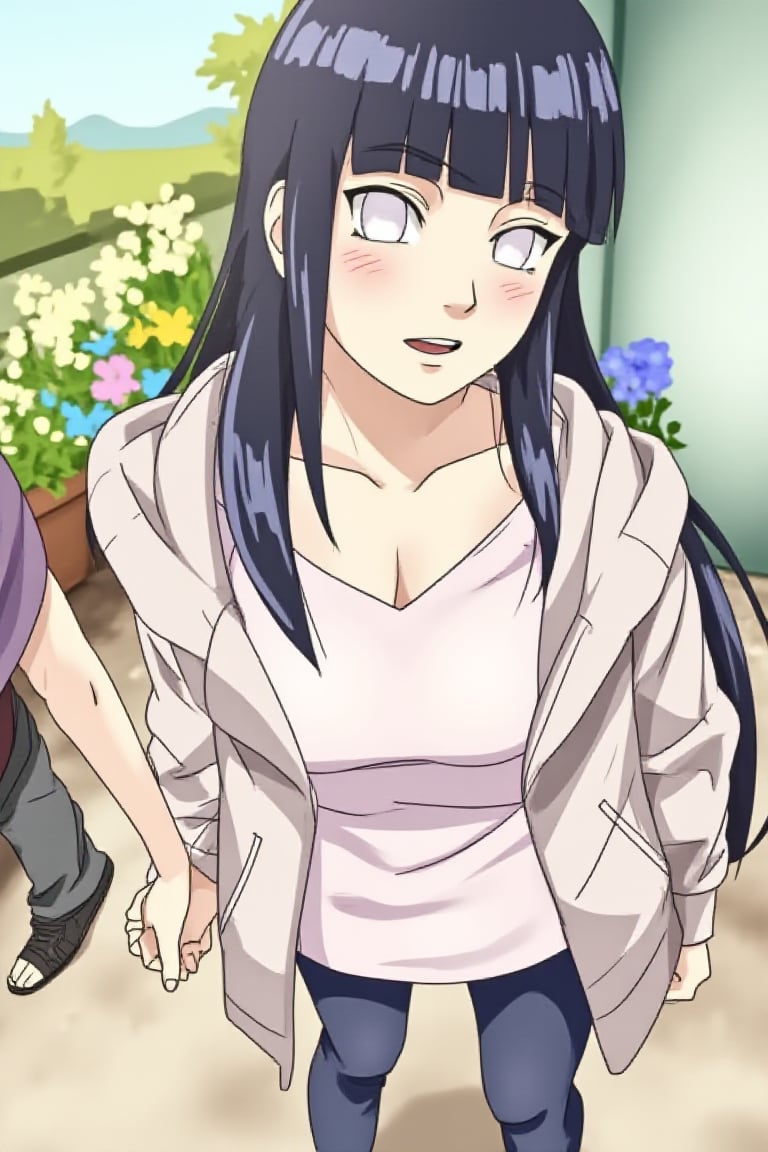 Hinata, 1girl, long hair, looking at viewer, open mouth, bangs, black hair, 2girls, collarbone, jacket, navel, midriff exposed, flower, outdoors, solo focus, hood, blunt bangs, white eyes, no pupils, hyuuga hinata