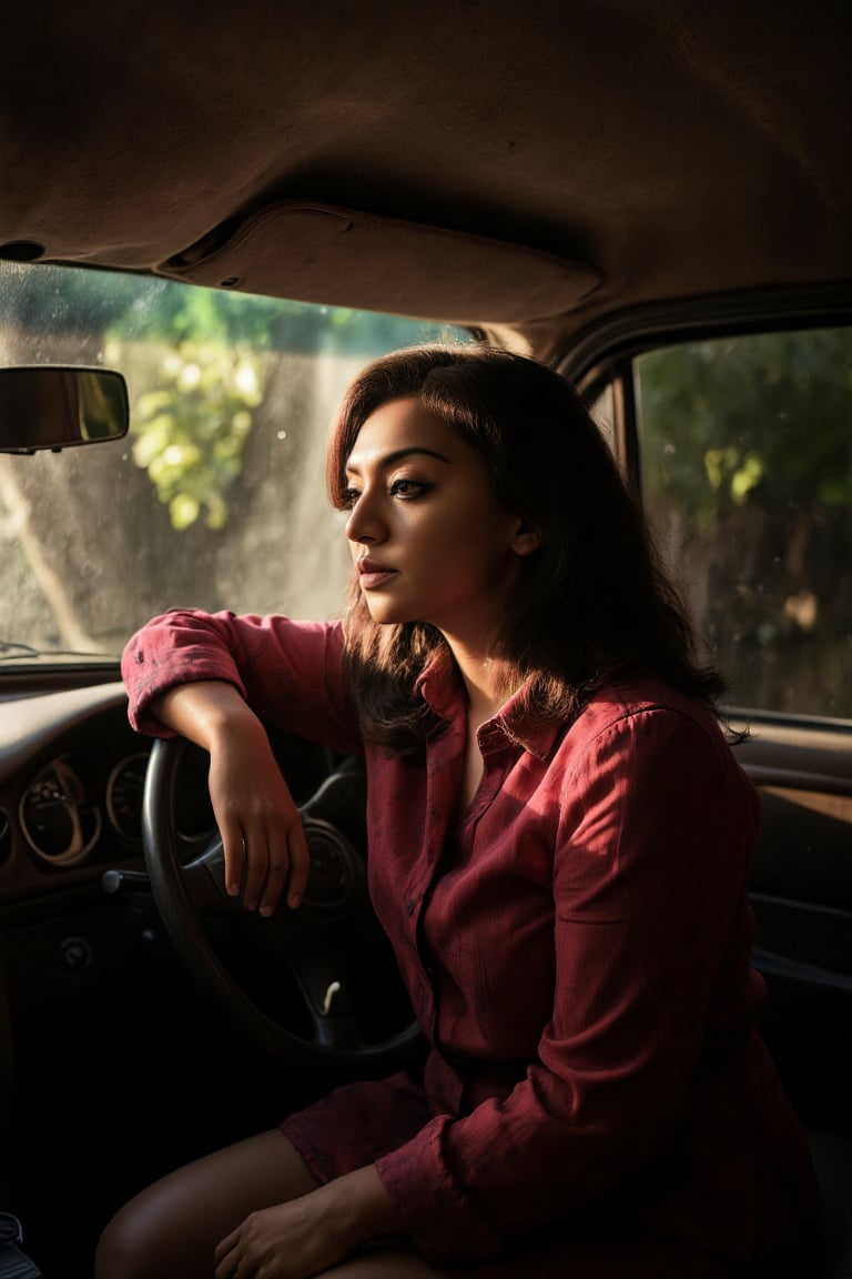 A close-up shot of a mallu woman's face, illuminated by a warm ray of light, as she sits poised on the vintage dashboard of a classic car, shrouded in the darkness beneath a towering tree. The soft glow of morning mist envelops her, complemented by the earthy tones of the coffee shop's rustic interior. Her classic outfit exudes timeless elegance.,SHORT,AWA,Mallu woman