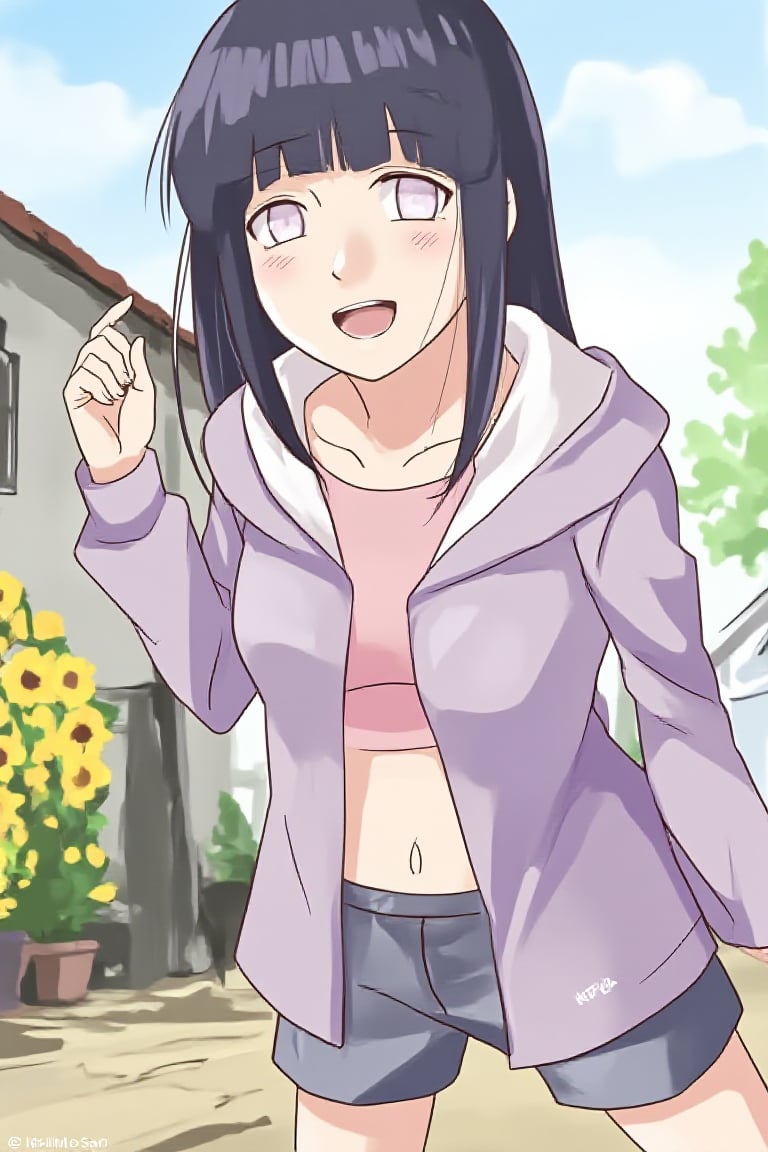 1girl, long hair, looking at viewer, open mouth, bangs, black hair, 2girls, collarbone, jacket, navel, midriff exposed, flower, outdoors, solo focus, hood, blunt bangs, white eyes, no pupils, hyuuga hinata