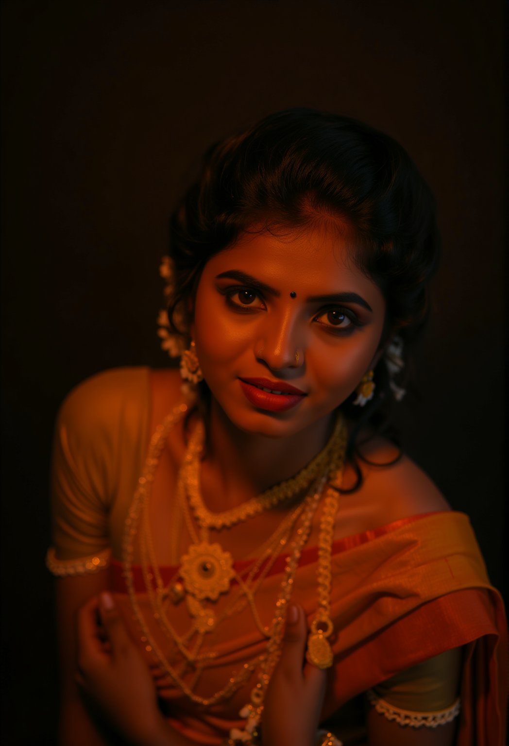 Realistic photography of mallu actress, beautiful women cinematic, above fucus , The image is captured using a Fujifilm cinematic camera, with dramatic cinematic lighting enhancing the deep shadows and bright highlights. The scene is shot with a wide aperture, creating a shallow depth. The textures of the costume and her skin are rendered in high definition, with the soft, natural lighting adding a dreamlike quality to the image.,Sree