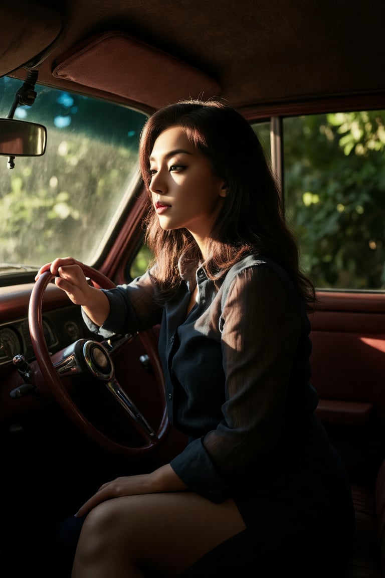 A close-up shot of a tranquil woman's face, illuminated by a warm ray of light, as she sits poised on the vintage dashboard of a classic car, shrouded in the darkness beneath a towering tree. The soft glow of morning mist envelops her, complemented by the earthy tones of the coffee shop's rustic interior. Her classic outfit exudes timeless elegance.,SHORT,AWA,Mallu woman