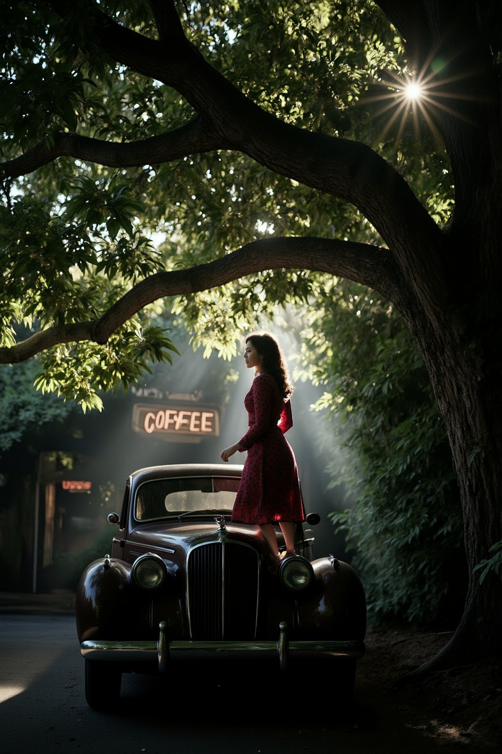 A woman's, standing nearly on the vintage automobile's hood, shrouded in the darkness beneath the ancient tree's sprawling canopy. Her attire exudes classic elegance, while the misty atmosphere and ray of soft light dancing through the leaves imbue the scene with mystique. In the background, a coffee shop's sign creaks gently in the morning breeze.,SHORT,AWA,HDR