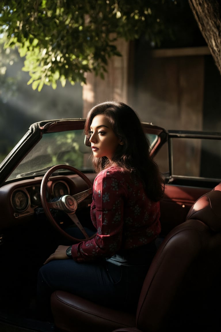 A close-up shot of a mallu woman's face, illuminated by a warm ray of light, as she sits poised on the vintage dashboard of a classic car, shrouded in the darkness beneath a towering tree. The soft glow of morning mist envelops her, complemented by the earthy tones of the coffee shop's rustic interior. Her classic outfit exudes timeless elegance.,SHORT,AWA,Mallu woman