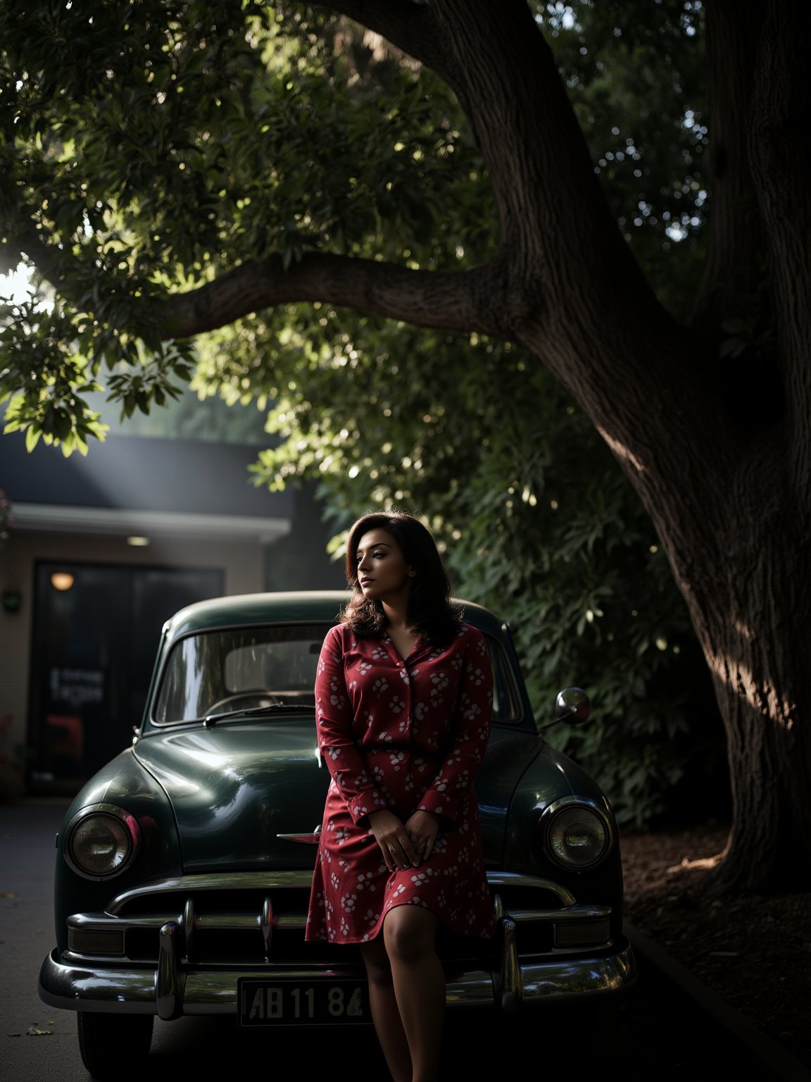 A  woman, mallu,  positioned on the vintage automobile's hood, shrouded in the darkness beneath the ancient tree's sprawling canopy. Her attire exudes classic elegance, while the misty atmosphere and ray of soft light dancing through the leaves imbue the scene with mystique. In the background, a coffee shop's sign creaks gently in the morning breeze.,SHORT,AWA,HDR