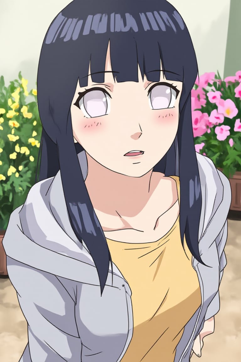 long hair, looking at viewer, open mouth, bangs, multiple girls, black hair, 2girls, collarbone, jacket, navel, midriff exposed, flower, outdoors, solo focus, hood, blunt bangs, white eyes, no pupils, hyuuga hinata