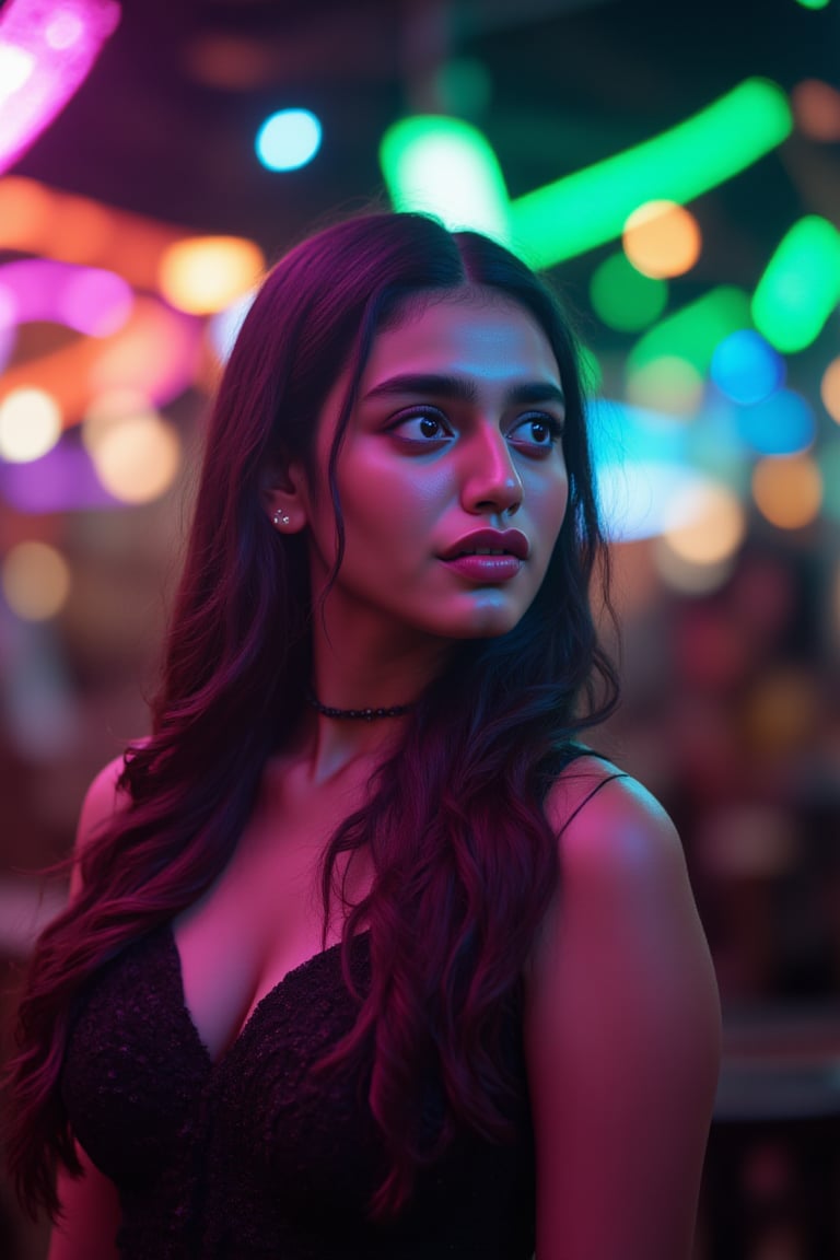  A CUTE TRADITIONAL MALLU BEAUTY , 
The atmosphere is fun and inviting, featuring colors like black, blue, dark blue, dark purple, gray, light green, purple, and orange. Neon lights in pink, blue, and green illuminate the space, creating a bokeh and Depth of Fieldeffect. The focus is on the girl from the torso to the head, captured in a cinematic style with a Sony A7R IV full-frame camera,text title style,perfect text title,FluxBoost