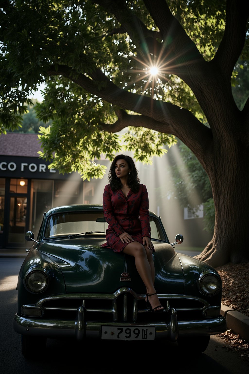 A woman's, positioned on the vintage automobile's hood, shrouded in the darkness beneath the ancient tree's sprawling canopy. Her attire exudes classic elegance, while the misty atmosphere and ray of soft light dancing through the leaves imbue the scene with mystique. In the background, a coffee shop's sign creaks gently in the morning breeze.,SHORT,AWA,HDR