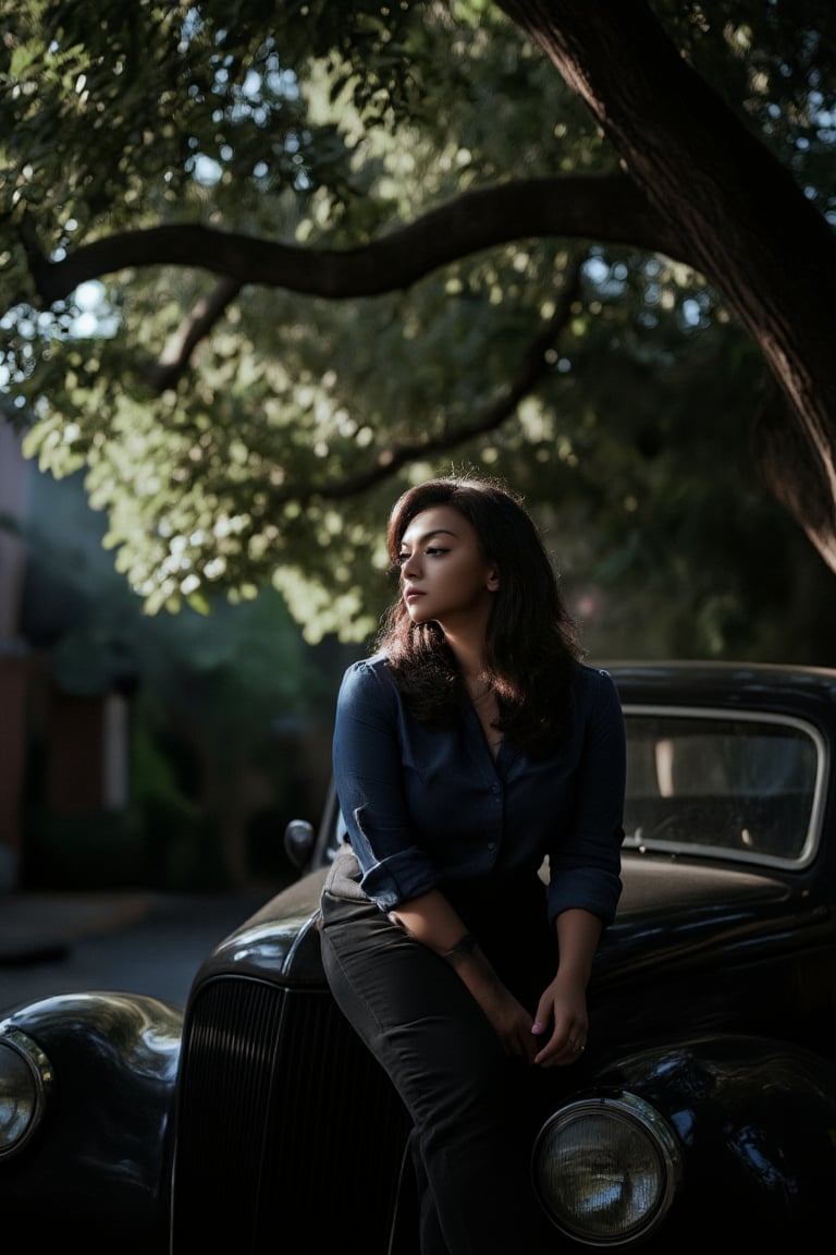 A woman's tranquil face fills the frame, positioned on the vintage automobile's hood, shrouded in the darkness beneath the ancient tree's sprawling canopy. Her attire exudes classic elegance, while the misty atmosphere and ray of soft light dancing through the leaves imbue the scene with mystique. In the background, a coffee shop's sign creaks gently in the morning breeze.,SHORT,AWA,Mallu woman