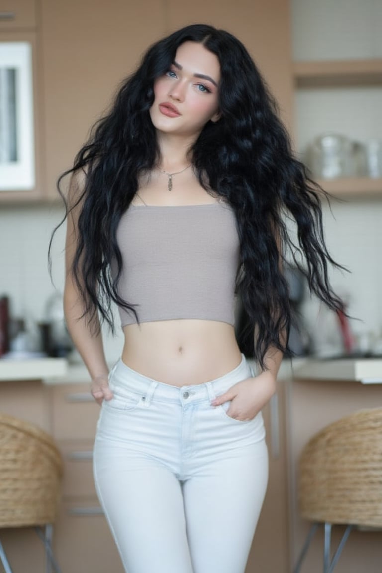 1girl, solo, long hair, looking at viewer, blue eyes, black hair, navel, jewelry, midriff, pants, necklace, lips, camisole, realistic, white pants