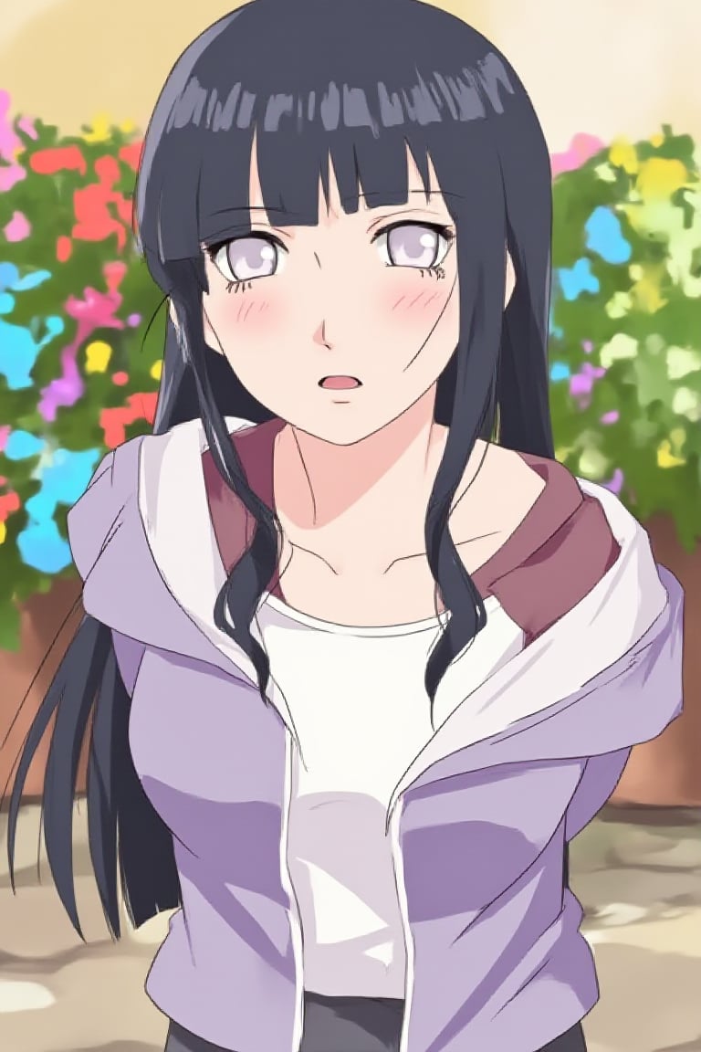 long hair, looking at viewer, open mouth, bangs, multiple girls, black hair, 2girls, collarbone, jacket, navel, midriff exposed, flower, outdoors, solo focus, hood, blunt bangs, white eyes, no pupils, hyuuga hinata