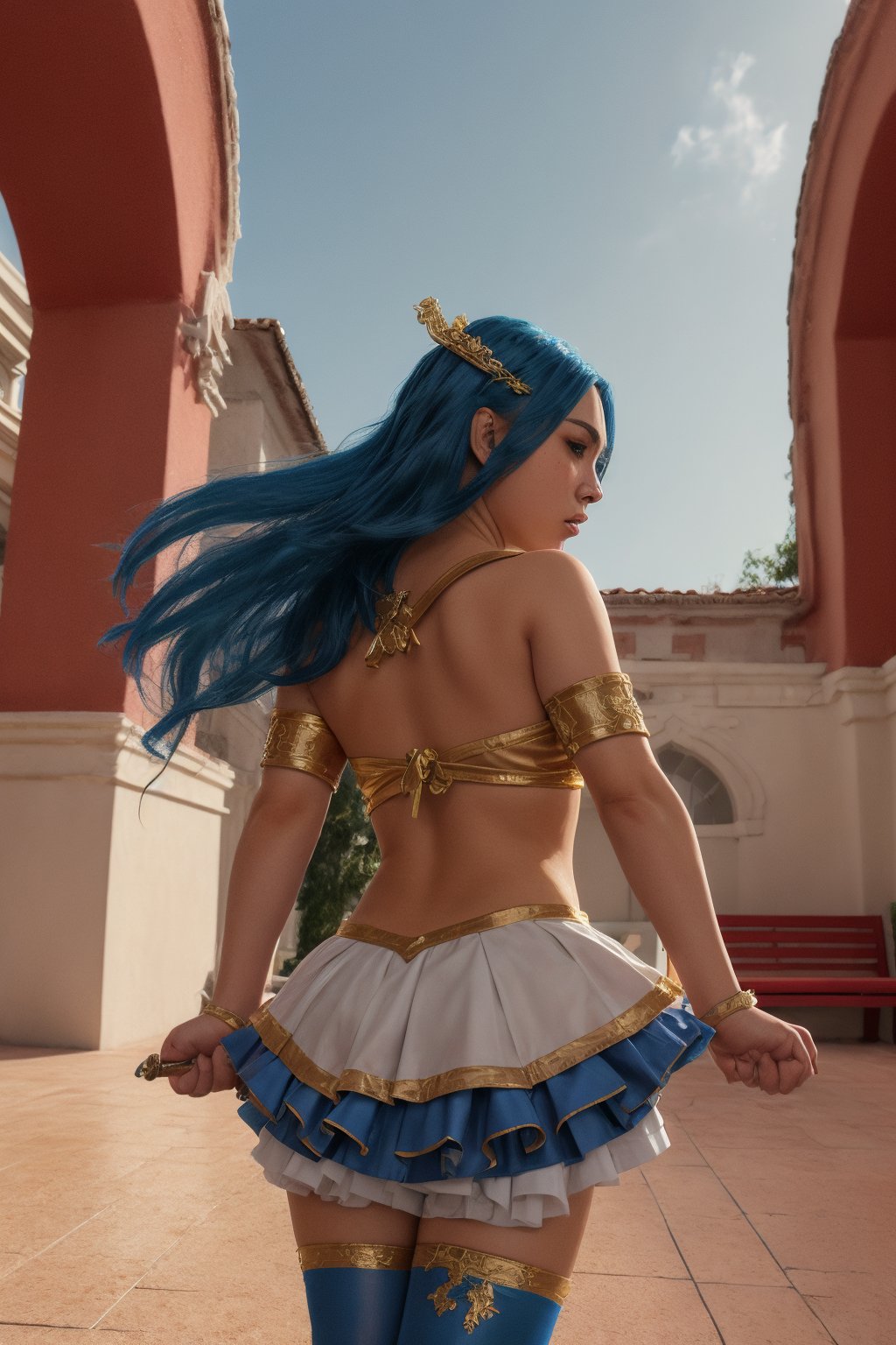 Captured from a low-angle perspective,  a vibrant blue-haired woman,  dressed in a traditional tgirl by SFM on Tensor.Art