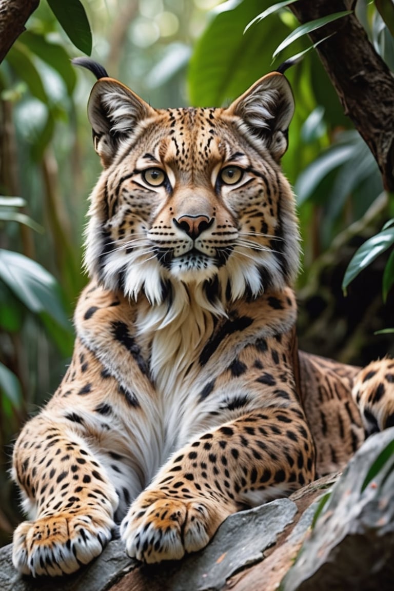 Ultra detailed realistc photo taken from below 35 degrees angle to the right, 8k, a close up in a happy beautyfull iberia lynx in the jungle, sitting over a stone, shiny fur, bright beautyfull eyes,photorealistic,tree planting