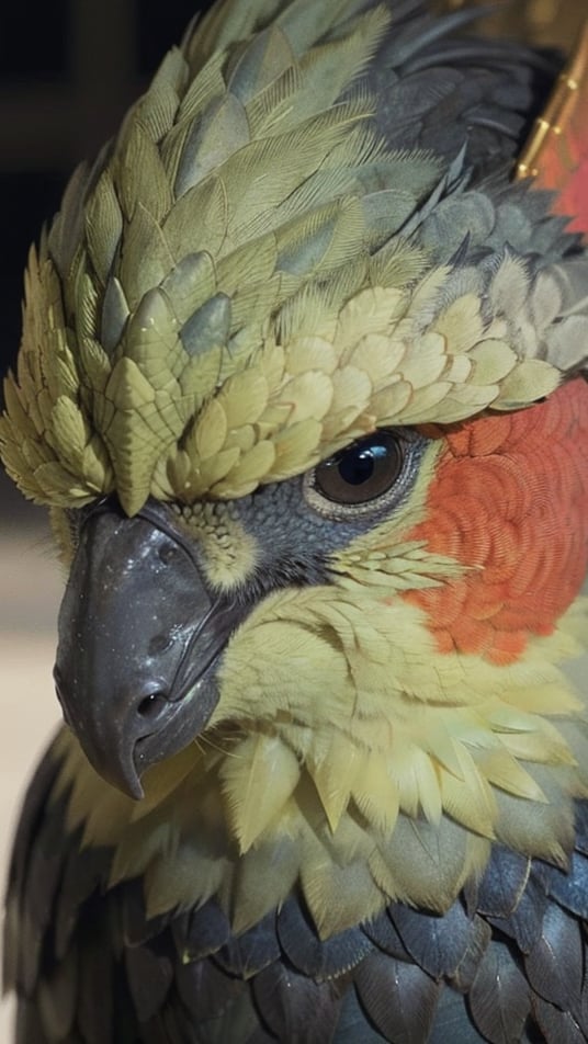 cockatiel wearing golden armor, helm, plating, gloss, realistic, beautiful, vivid, knight, make it look like a dragon, more dragon like, god like, stunning mythical animal