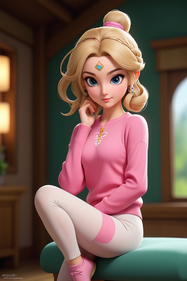 (Princess Zelda) wearing a form fitting sporty pink sweater and white translucent leggings, she wears her hair in a short-bob roughtly cut and two braided hair-bangs tied behind her head, her left hand between her legs, the right hand holding her left arm,

soft pouty lips, (slightly opened mouth), looking at the viewer, platinum_blonde_hair, princess, cute hairstyle, sexy figure, 

anime, artwork_(digital), photoshop, 3D model, pixar, disney, nintendo, nsfw, nude ,Dilireba,<lora:659095807385103906:1.0>