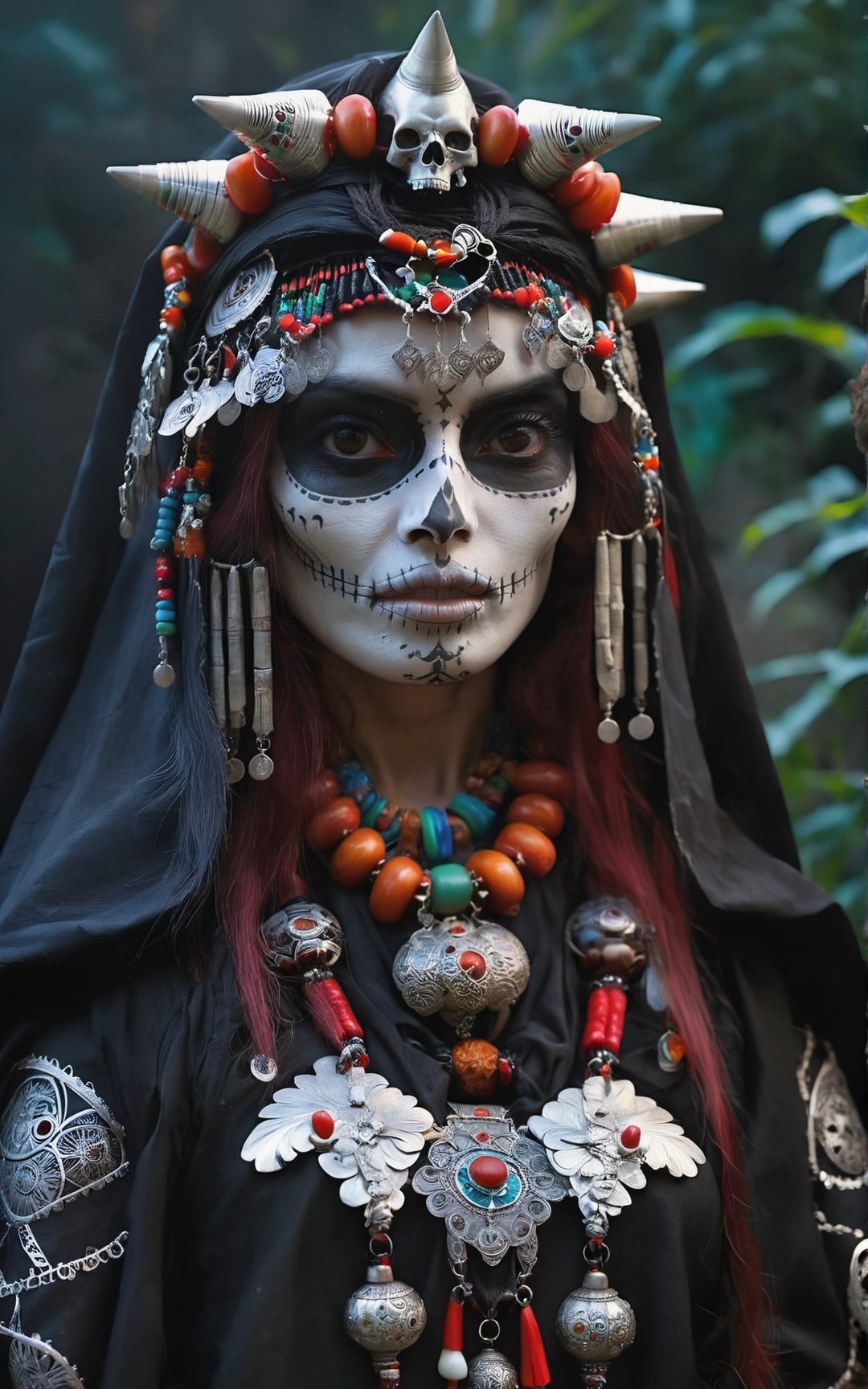 An ultra hd detailed,  stunning,  hyper realistic a black and white photo of a Japanese girl with sugar skulls on her head,  by Fabien Charuau,  tumblr,  gothic art,  mayan priestess,  reminded me of the grim reaper,  beautiful costume,  jewelry made of bones,  rick baker,  by joseph binder,  decayed,  intricate details. front on,  the oracle of the mayan,  great details,  style raw, ultra sharp focus,  hyperrealism,Renaissance Sci-Fi Fantasy,isni