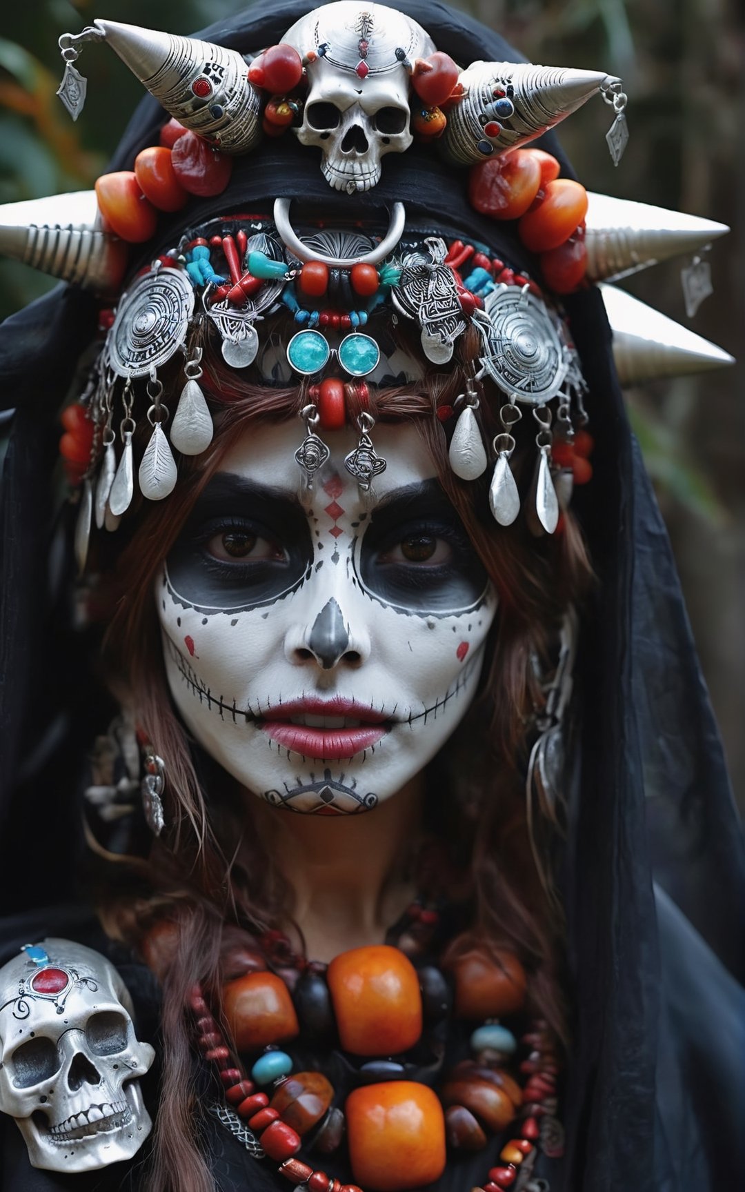 An ultra hd detailed,  stunning,  hyper realistic a black and white photo of a Japanese girl with sugar skulls on her head,  by Fabien Charuau,  tumblr,  gothic art,  mayan priestess,  reminded me of the grim reaper,  beautiful costume,  jewelry made of bones,  rick baker,  by joseph binder,  decayed,  intricate details. front on,  the oracle of the mayan,  great details,  style raw, ultra sharp focus,  hyperrealism,Renaissance Sci-Fi Fantasy,isni