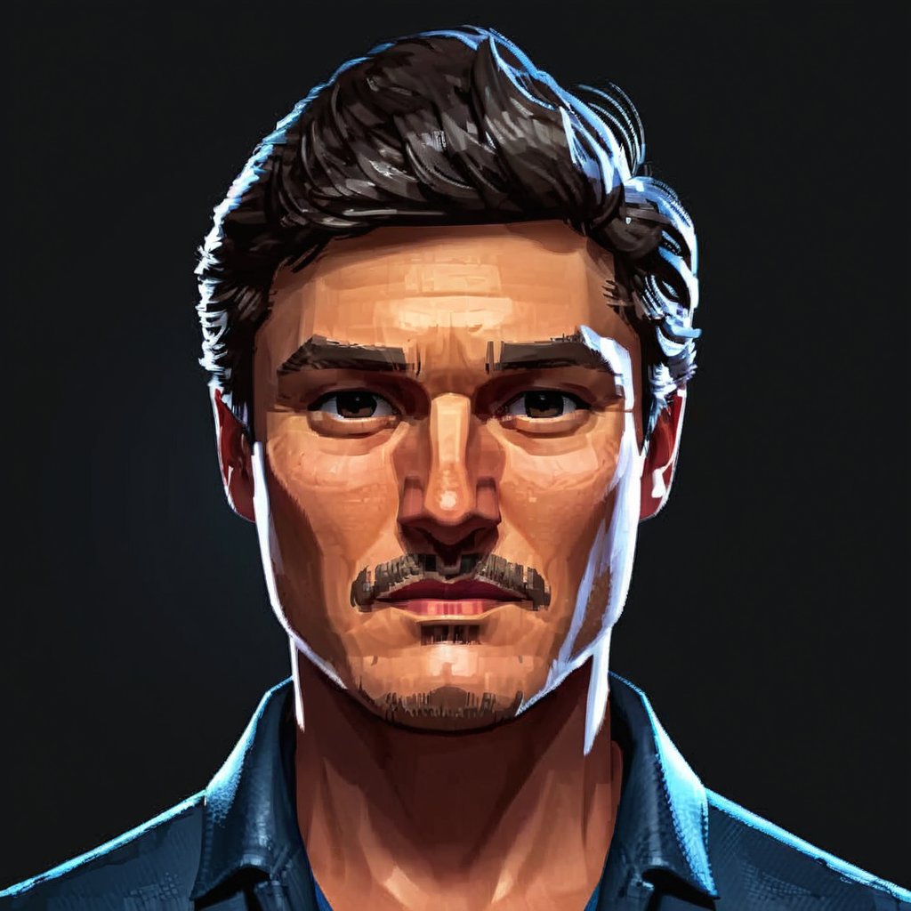 full format portrait of Pedro Pascal, style features, 3D character sculpt, 

photorealistic skin texture, 

backlighting, 

in the style of the cycle frontier, MRC, MeybisRuizCruz, Meybis Ruiz Cruz