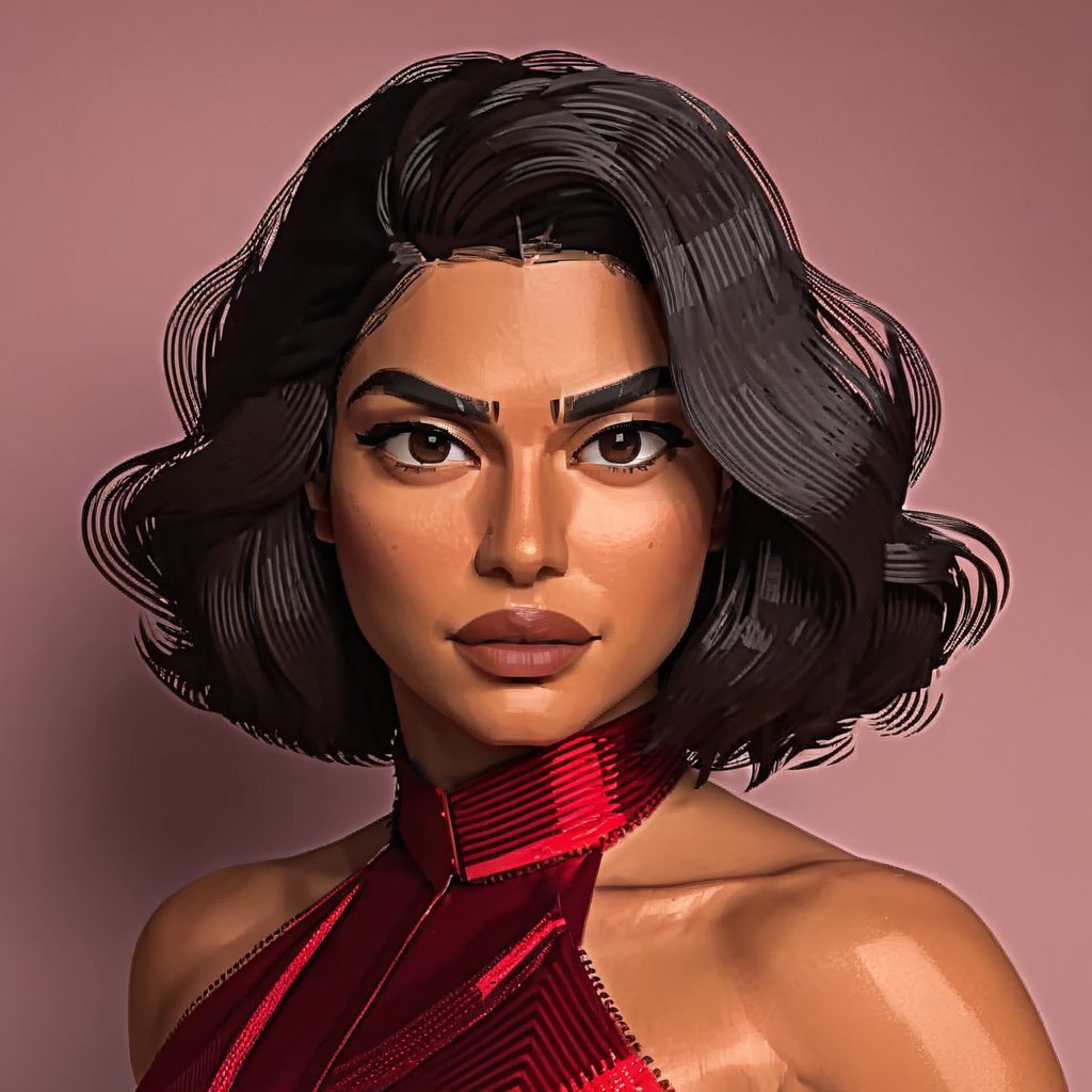 full format portrait of Priyanka Chopra Jonas, sharp stylized facial features, Highres hair strands, 

photorealistic skin texture, sharp 3D character sculpt, 

backlighting, 

in the style of the cycle frontier, MRC, MeybisRuizCruz, Meybis Ruiz Cruz