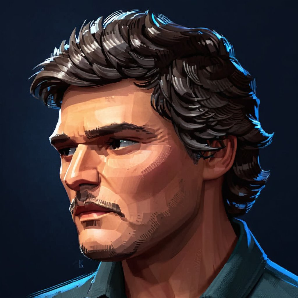 full format portrait of Pedro Pascal, stylized features, Highres hair strands, 

photorealistic skin texture, sharp 3D character sculpt, 

backlighting, 

in the style of the cycle frontier, MRC, MeybisRuizCruz, Meybis Ruiz Cruz