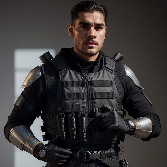 a studio photo of ((ÁLVARO MORATA)) as a Modern Warfare 2022 character, 1guy, male, 

wearing tactical gear, ((black tactical vest)), (sci-fi shoulder and forearm armor ONLY on his left arm),

 standing in a dynamic yet relaxed pose, empty hands, no guns,

blank grey background, lighting accentuates the textures and materials of the gear, showing off the interplay of matte and metallic surfaces, simple soft lighting, 

the camera Infront of subject,

in the style of, Miki Asai Macro photography, close-up, hyper detailed, trending on artstation, sharp focus, studio photo, intricate details, highly detailed, by greg rutkowski,MRC,Meybis Ruiz Cruz,Masterpiece