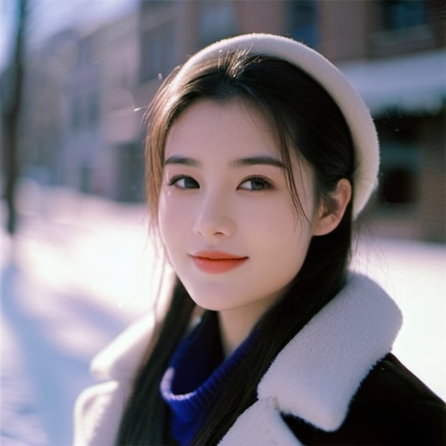 1girl, solo, realistic, winter coat, on snow cover street, sunlight, KODAK Ektar 100, (Film grain:1.2, Soft skin, skin texture, looking at viewer, smile, Glitter makeup.