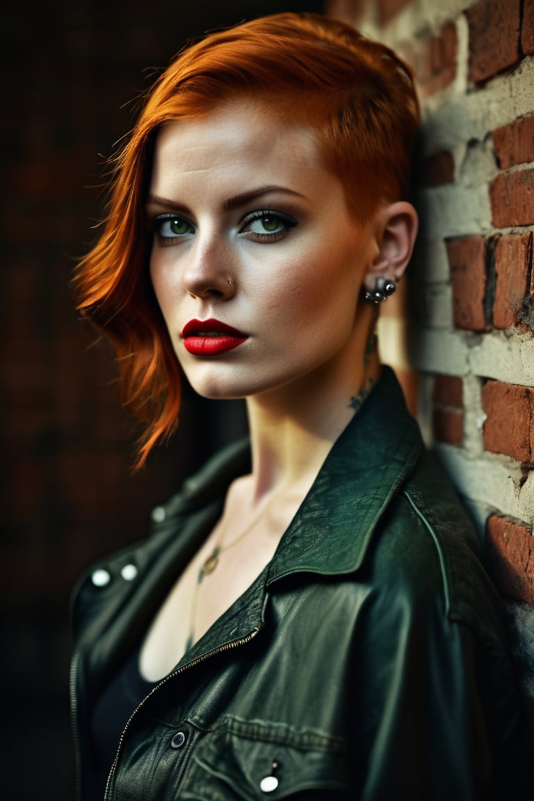 portrait of a rebel girl, detailed face, dark green eyes, red lips, realistic skin texture, ginger hair, half shaved  haircut,  big ear rings, frekles, tattoos on neck, old brick wall in background, shallow field of depth, high details, best quality, diffused lighting, dslr, cinematic, concept art, photography, photo art, rim light, The lighting is chiaroscuro with high contrast. The overall image has a surrealism element.