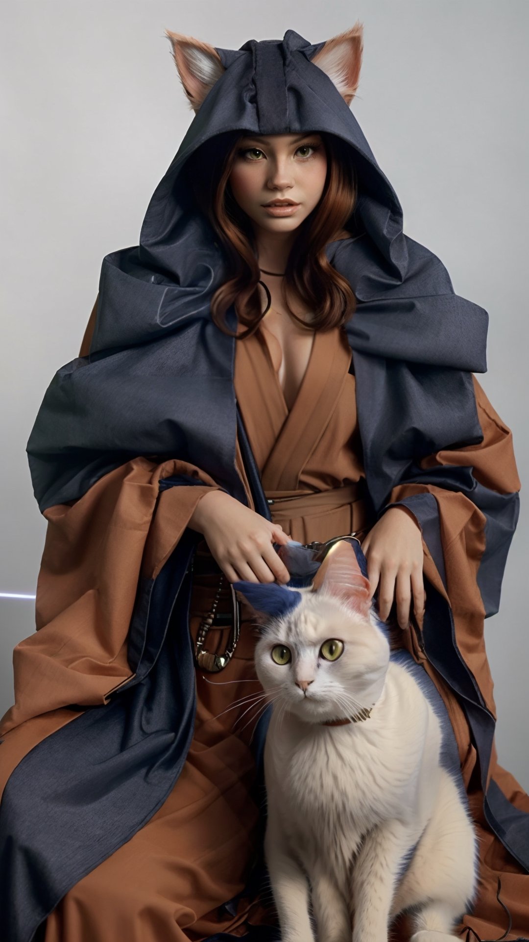 (cat:1.3), a master jedi cat, star wars, holding lightsaber, wearing a jedi cloak hood, photorealistic,cat