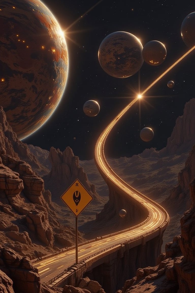 And Alien highway floating in the cosmos,  with many planets of various alien types surround this floating alien road,  wh...
