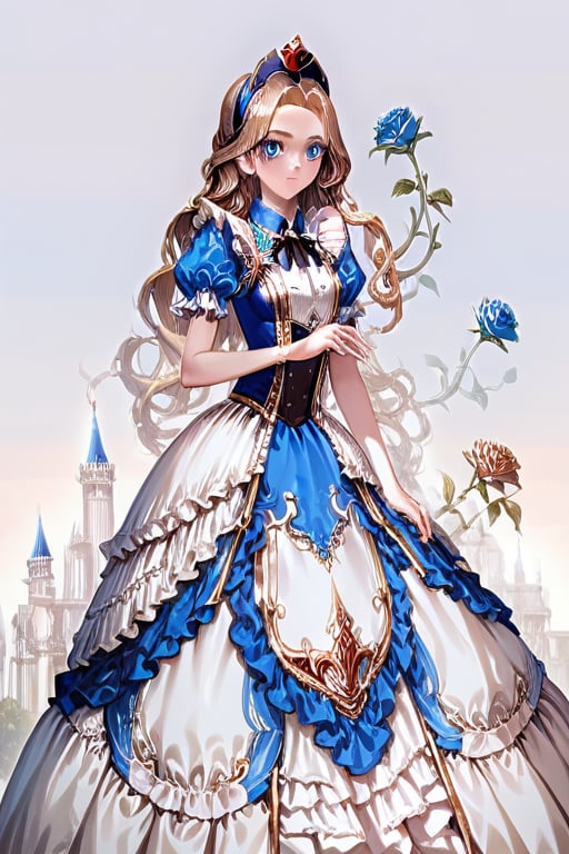 masterpiece, best quality, ultra-detailed, perfect hands, perfect anatomy, High detailed, detailed background, solo, No public hair, extremely pretty face, beautiful face, ultra-detaild face, cute and round face.

Create an image of an elegant, multi-layered gown with delicate lace accents. Layers of lace trim cascade down from the waist, each tier of the skirt separated by bands of lace with ornate, floral patterns. The hem is detailed with lace frills that extend outward, giving the dress a voluminous and graceful appearance. The lace is arranged in symmetrical patterns that emphasize the delicate craftsmanship, with subtle pearls or beads woven into the fabric for added texture and elegance.

1girl, solo, 20yo girl, badass, epic, amazing, pretty victorian style dress, blonde hair, long hair, Straight Hair, blue eyes, richly decorated with colorful lace, gold ruffles, and embroidery, ornate buttons, and the voluminous skirt. features layers of tulle and lace. elegant princess style dress, Sky blue dress, white flower lace, white apron, black bow on the head, pretty dress, pretty and elegant lace, Coquette style dress, coquette bows, small golden details on the dress. gray background, alice in wonderland, Exact finger count, natural shape hands, beautiful eyes, score_9, score_8_up, score_7_up.