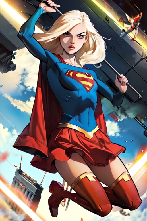 supergirl, dc comics, blonde hair, blue eyes, beautiful face, long hair, red boots, full body, showing her panties, lifting her skirt herself, gray background.,comicstyle