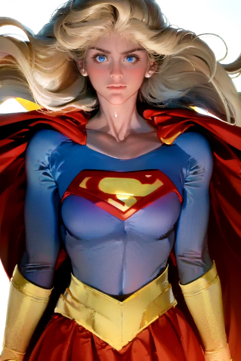 Supergirl, Long blonde wavy hair, blue eyes, red cape, tight blue suit, the iconic red and yellow 'Superman' emblem prominently displayed on the chest, red knee-high boots with golden details, a short red skirt.
//Quality,
masterpiece, best quality
,//Character,
1girl, solo
,//Fashion,
,//Background,
white_background, simple_background, blank_background
,//Others,
,marle,supergirl,blue eyes