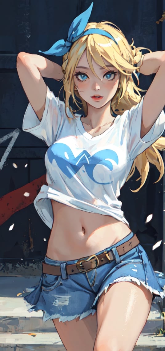 Detailed Portrait of woman with blonde hair with hair band wearing white and light blue t-shirt and denim skirt and converse, pose ,Lucy_Heartfilia