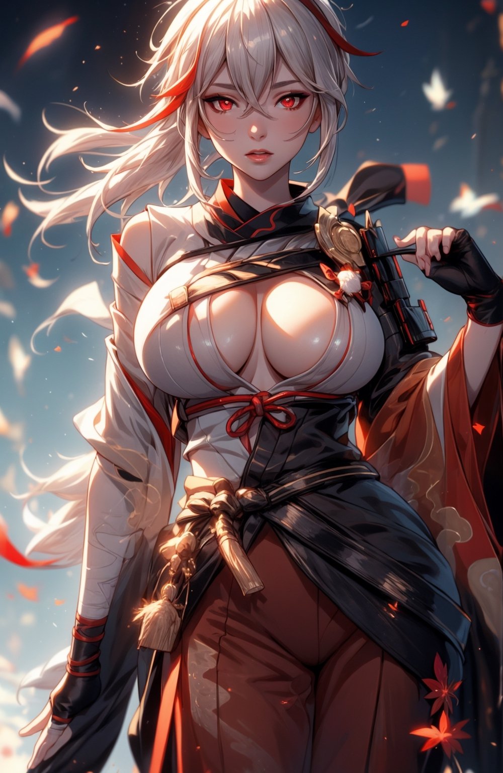 (masterpiece, best quality:1.2),  1girl, solo, big_boobies,  gray_hair,  short_hair, japanese_clothes,  sleeves, pants , red_eyes, curvy_hips, night