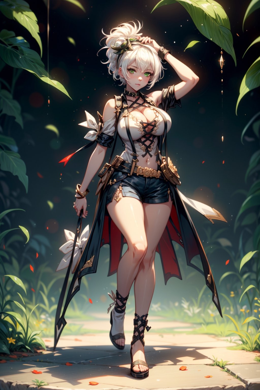 masterpiece, best quality,1girl, full_body , short_shirt , huge_boobs, curvy_hips, shorts, white_hair, green_eyes, bare_shoulder, white_blouse, glass on head