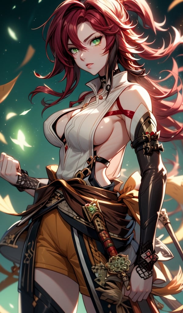 (masterpiece, best quality:1.2),  1girl, solo, big_boobies,  red_hair, curvy_hips, night, , green_eyes, shorts, shikanoin heizou (genshin impact), balled_fists