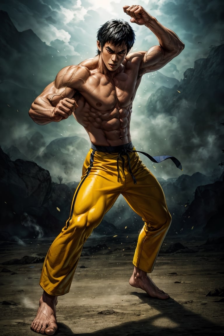 Masterpiece, UHD, 4k, realistic, the legendary Bruce Lee, a prominent martial artist, epic picture, muscular lean body, fighting pose, standing, full body, fierce face, wearing yellow pants, short_hair