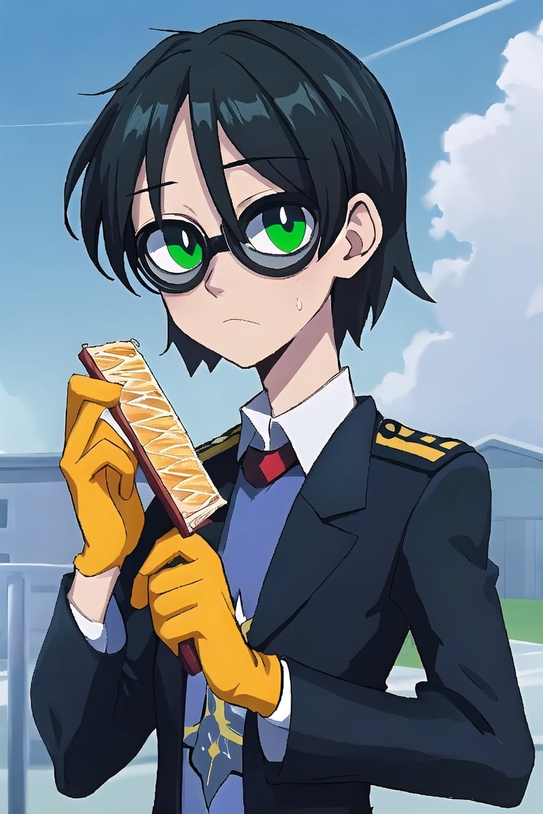 anime,anime face,1boy, solo,sole_male,male_focus,teenager,teen, nice hands, good hands,flug,dr_flug,flug_villainous,flug_villanos,best_quality,high_resolution,high_quality,school_uniform,wear_blue_shirt,black-hair,green_eyes,anime_eyes,spectacles,face,facial,yellow_glove,