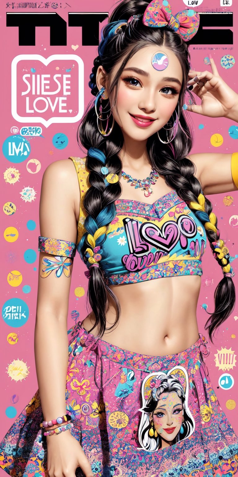 girl, detailed background, pop art, decora art style, doodle art, playful, (dress, fancy accessories), long hair,(braided hair), (navel), straight hair, smile, blush, cute, accessories, stickers, , lam \(ramdayo\), , ,, magazine cover, text, LOVE