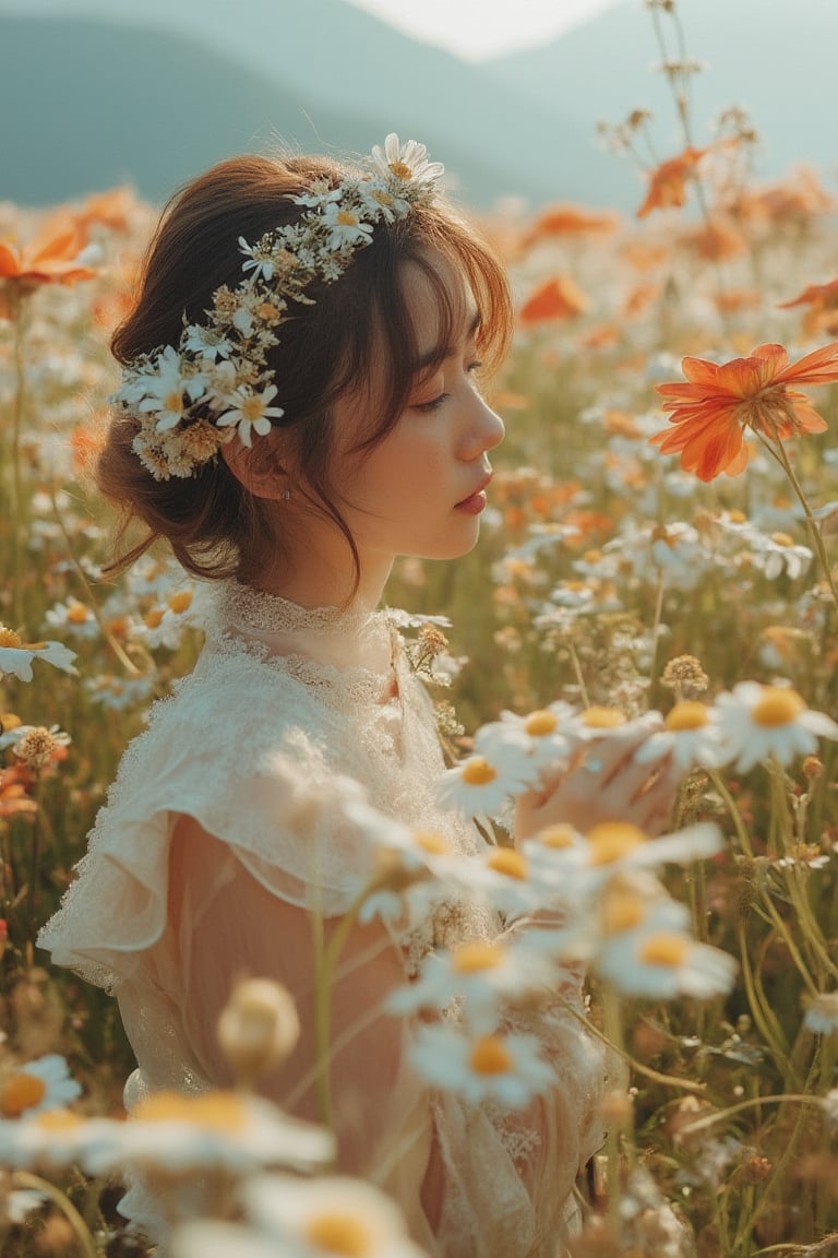 beautiful fashion_shot of korean woman in flower field, professional photo, cute