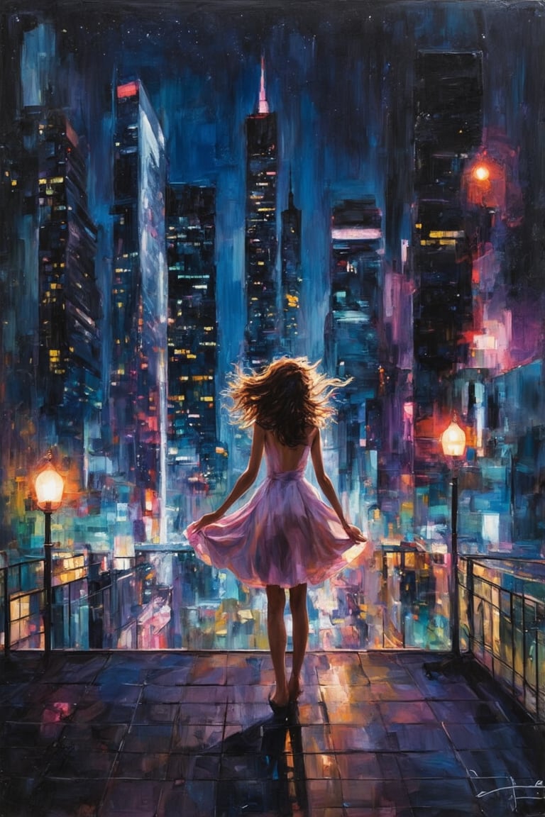 A painting of a bustling cityscape at night, where the lights of skyscrapers and streetlamps create a dazzling display. A young woman stands on a rooftop, looking out over the city with a sense of wonder. Her dress billows in the wind, and her hair is illuminated by the neon lights. The background features a vibrant mix of colors and reflections, capturing the energy and excitement of the urban landscape. The scene is dynamic and electric, capturing the beauty of the city at night.