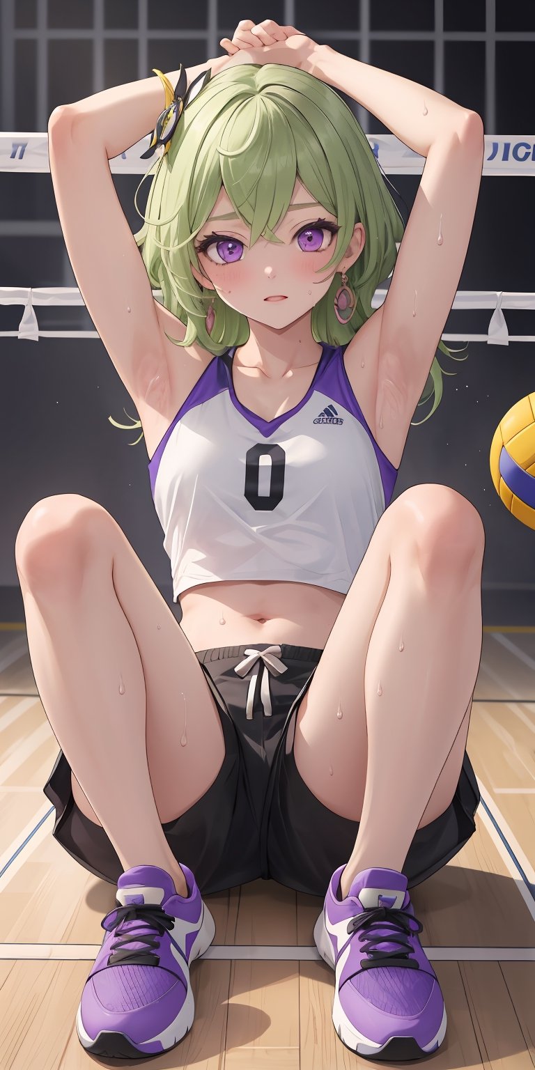 (masterpiece), best quality, ultra-detailed, illustration, kawaii style, (sweat), arm up, armpit, pastel colors, kawaii, cute colors, pastel colors, colleirnd, crossed bangs, green hair, hair ornament, medium hair, (purple eyes:1.1), sidelocks, , (alternate costume), alternate costume, sportswear, tank top, midriff, navel, black shorts, short shorts, shorts, sitting, knees up, shoes, sneakers, indoors, ((volleyball hall))