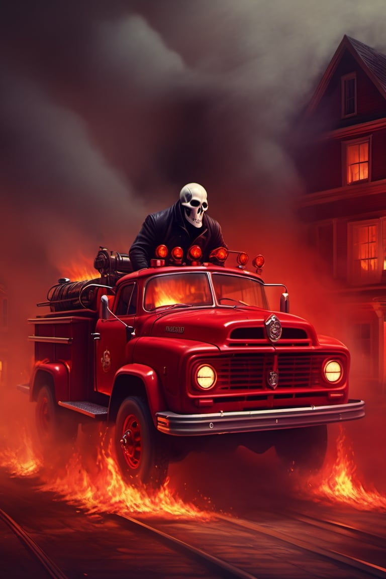 (Digital_illustration, realistic, highres, detailed,) a horrifying ((The Headless Horseman)) driving a fire truck to a burning building.s, DonMCyb3rN3cr0XL,HellAI, vehicle,hallow33n