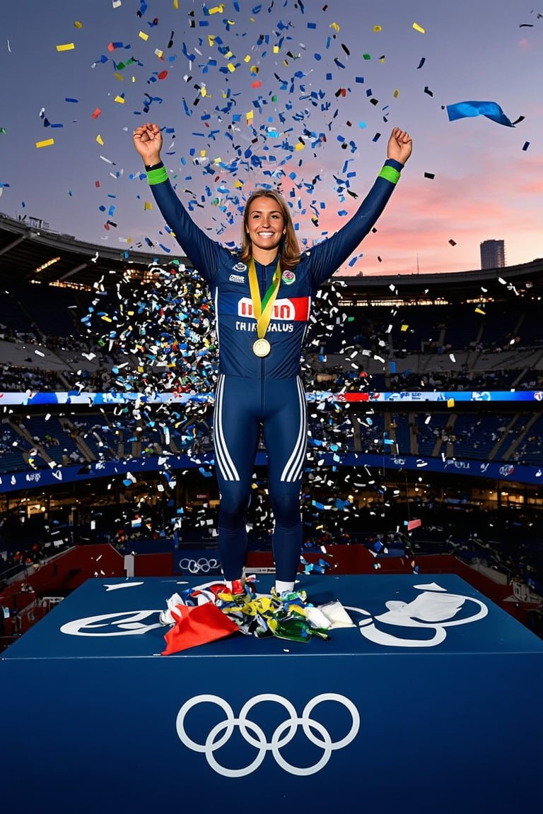 A close-up shot of a triumphant Beautiful Olympic athlete standing at the edge of a medal podium, arms raised in victory as confetti and balloons swirl around them. The golden medal glints brightly against a dark blue background, with the Olympic rings and flags waving in the foreground. Soft, warm lighting illuminates the athlete's beaming face, set against a dramatic cityscape or iconic stadium at sunset.