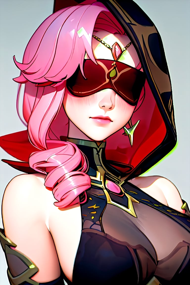 (masterpiece, sidelighting, finely detailed beautiful eyes: 1.2), masterpiece*portrait, 3d face, lustrous skin, portrait, cowboy shot, close-up, 1girl, Babel, , long hair, pink hair, bare shoulders, blindfold, covered eyes, eye mask, breasts, elbow gloves, gloves, hood, large breasts, sleeveless, upper body, arm behind head, watercolor style, , grey background, dark background,girl