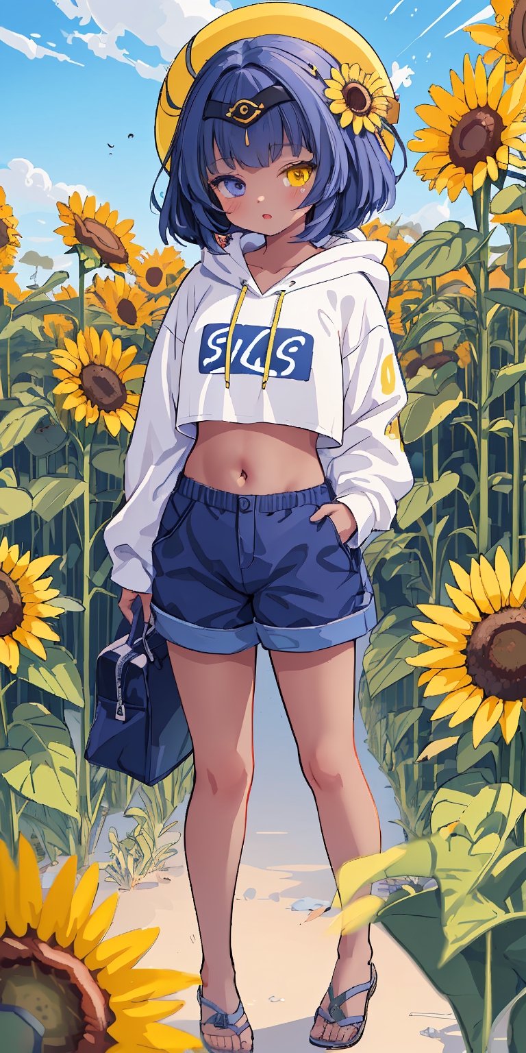 (masterpiece), best quality, ultra-detailed, illustration, (kawaii style), pastel colors, kawaii, cute colors, , 1girl, navel, candacernd, ,heterochromia, dark-skinned female, yellow eyes, blue eyes, tan skin, blue hair, (alternate costume), regular outfit, baggy hoodie, yellow hoodie, sunflower, sunflower fiels, blue sky,candacedef,masterpiece