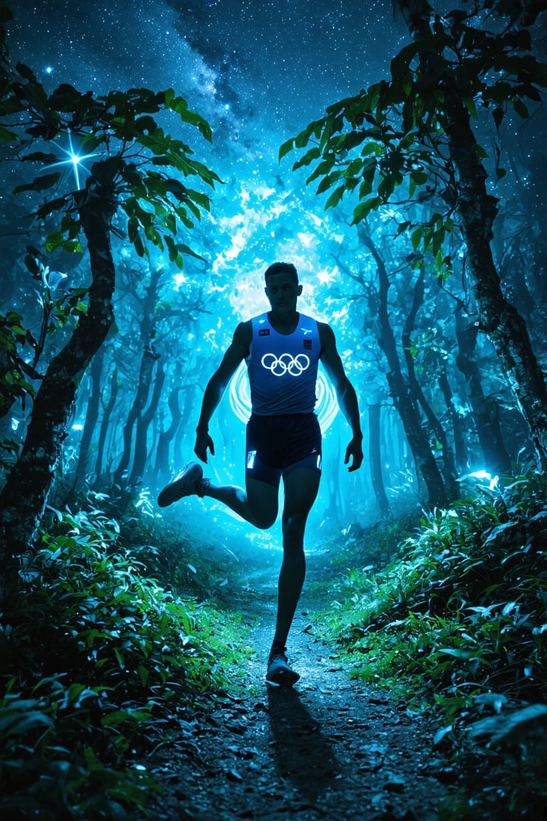 In a radiant, bioluminescent forest, an Olympic athlete from the future emerges, bathed in an ethereal glow. The time traveler's athletic physique is rendered in exquisite detail, with intricate textures and subtle shading. The surrounding foliage glows softly, as if infused with an otherworldly energy. Framed against a starry sky, the subject stands poised, one leg bent in mid-stride, as if frozen in motion. The composition is masterfully balanced, with the athlete's figure centered amidst a swirl of translucent, glowing plants and trees. The overall effect is breathtaking, with an unparalleled level of detail and realism that transcends the boundaries of time and space.