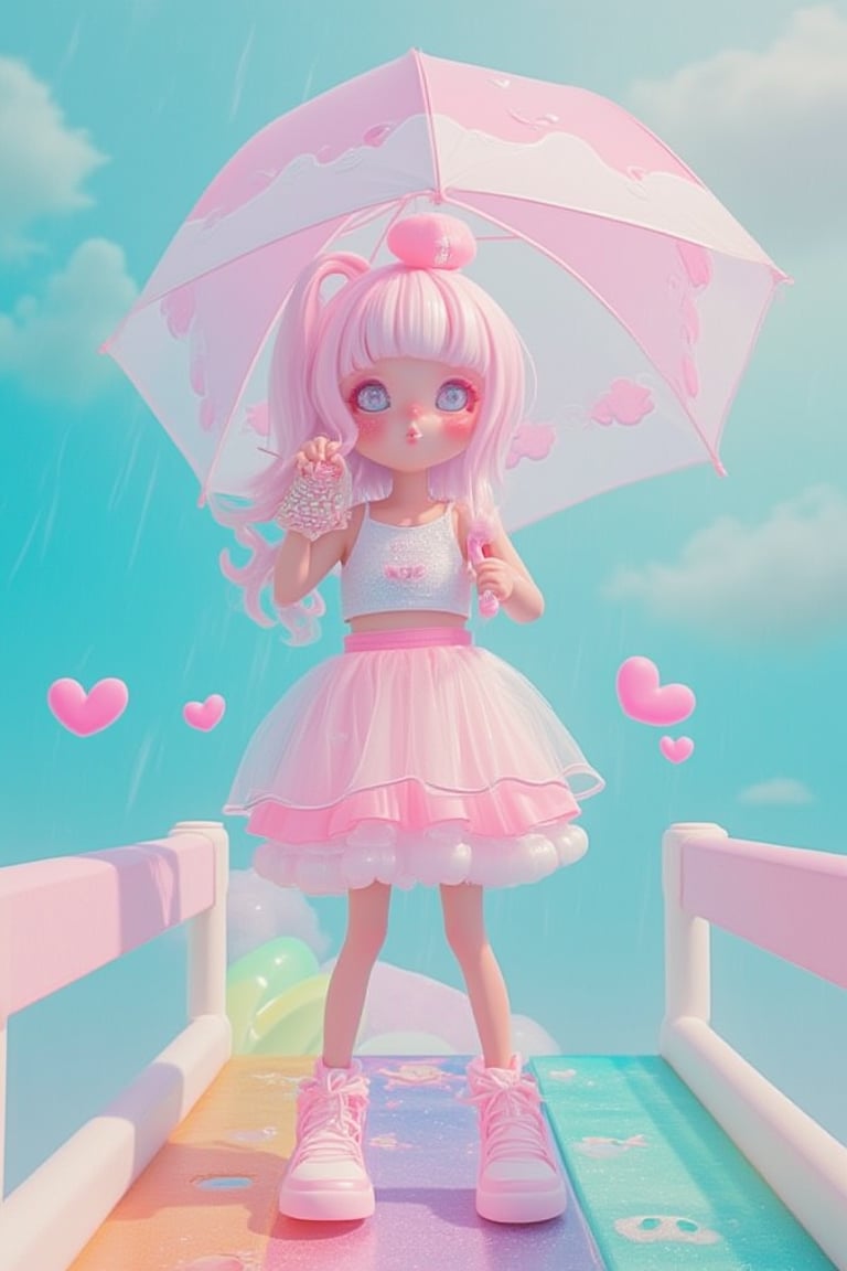 kyute_doll posed on a rainbow bridge, donning a glittery tutu and a cute crop top with cloud designs. Her heart-shaped umbrella kept her dry from the gentle sprinkle of rain, creating a charming scene.