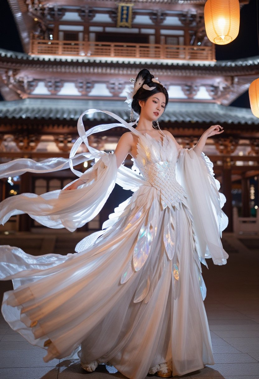 A woman portrays a celestial swan maiden wearing a fusion of various East Asian styles. Her garment is a cloud-like explos...