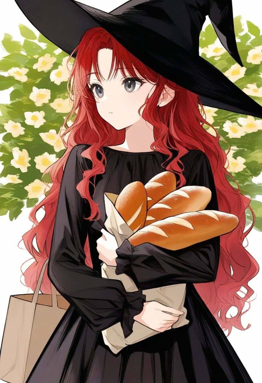  food, solo, 1girl, simple background, hat, long hair, witch hat, bread, long sleeves, holding, white background, dress, bag, wavy hair, very long hair, fruit, red hair, upper body, closed mouth, witch, holding bag, black dress, baguette, flower, black eyes, grey eyes, brown hair, black headwear, tree, by yoneyamai